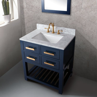 24 Inch Monarch Blue Single Sink Bathroom Vanity With F2-0013 Satin Brass Faucet And Mirror From The Madalyn Collection Vanity Water Creation